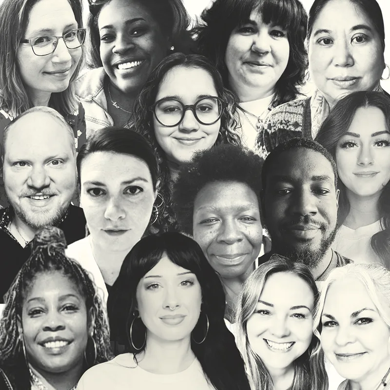 Collage of diverse staff faces with message 'You are not alone, we see you, we believe you, we are here to help