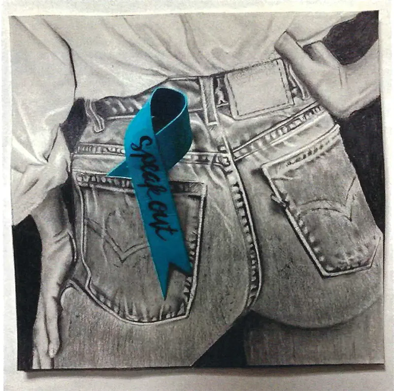 'Speak Out' teal ribbon jeans drawing - Street Outreach - TurnAround